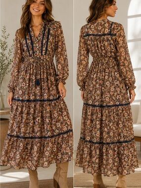 Lost + Wander Brown Floral Tiered Maxi Dress with Navy Trim